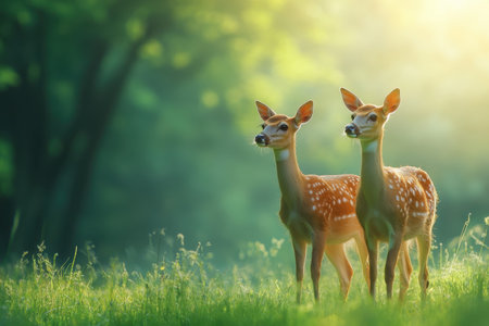 Two spotted fawns stand close together in a lush green meadow bathed in warm morning light.の写真素材