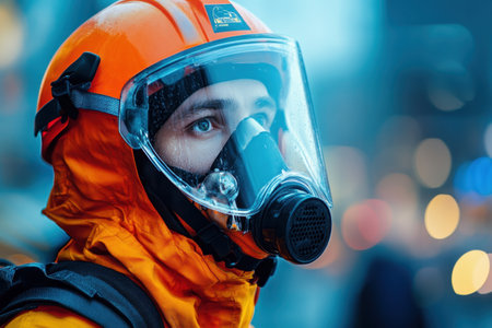 A person in an orange safety suit and mask gazes thoughtfully in a busy city at dusk.の写真素材