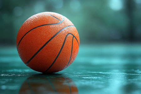 A basketball sits on a shiny gymnasium floor, reflecting dim lighting in a quiet sports environment.の写真素材