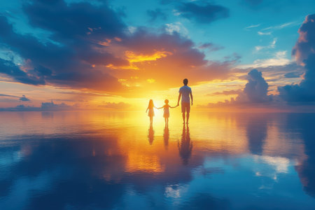 A father holds hands with his two kids as they explore a peaceful beach during a colorful sunset.の写真素材