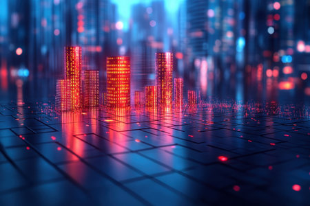 Glowing red skyscrapers rise amidst a futuristic urban landscape illuminated by city lights at night.の写真素材