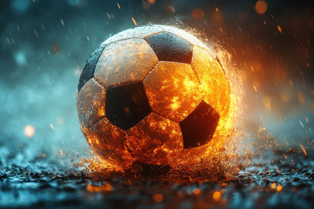 A brightly colored soccer ball erupts with flames while splashing through water during the evening.の写真素材