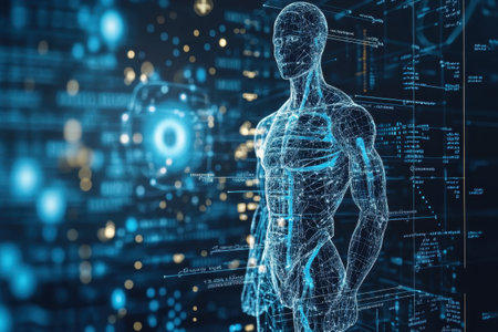A digital representation of a human figure surrounded by data graphics and anatomical details.の写真素材