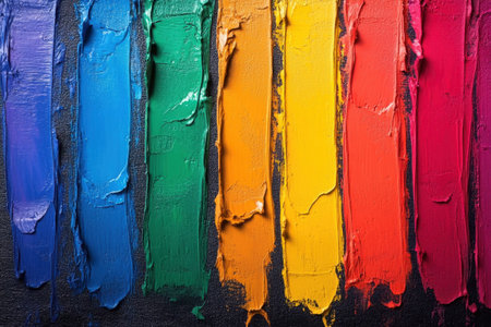 Brightly colored strokes of paint are spread evenly on a black canvas, creating an eye-catching display.の写真素材