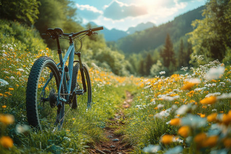 A mountain bike is parked on a trail surrounded by vibrant wildflowers under a clear sky.の写真素材
