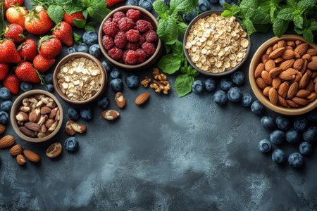 Bowlfuls of strawberries, blueberries, raspberries, and nuts create a vibrant, healthy display.の写真素材