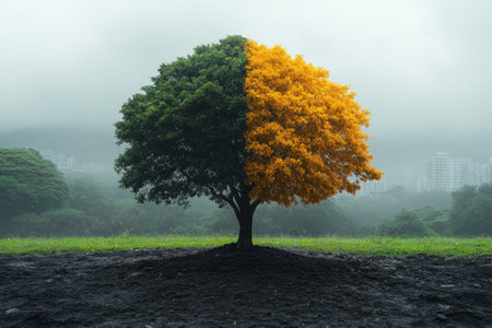 A striking tree stands alone in a misty landscape, displaying a split of green and golden-yellow leaves.の写真素材