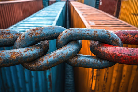 A rusted chain connects two shipping containers in a freight yard during the evening light.の写真素材