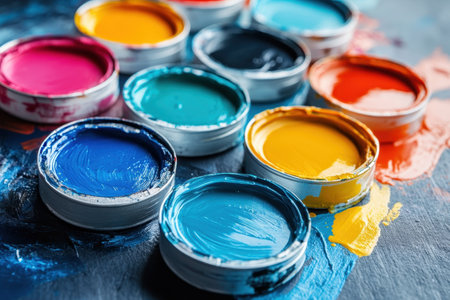 Various paint trays in vibrant colors are open, ready for an artistic project on a textured background.の写真素材