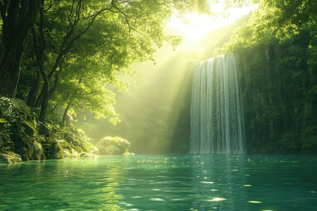 Soft sunlight filters through trees, illuminating a stunning waterfall and tranquil turquoise pool below.の写真素材