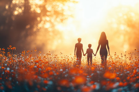 A mother guides her two children as they stroll through a vibrant meadow during sunset.の写真素材