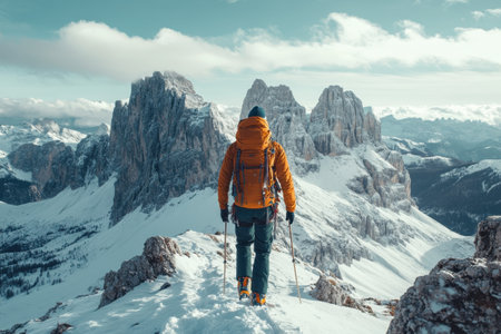 A hiker in an orange jacket surveys breathtaking mountain landscape during a clear winter day.の写真素材