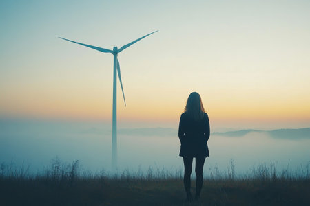 A silhouette watches a wind turbine as the sun rises, casting vibrant colors in a foggy setting.の写真素材