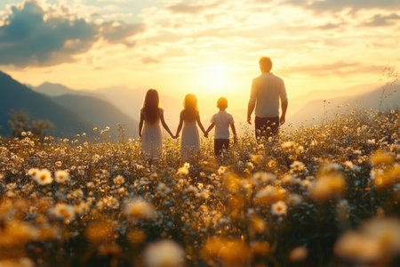 A family strolls together in a flower-filled meadow as the sun sets behind the mountains.の写真素材