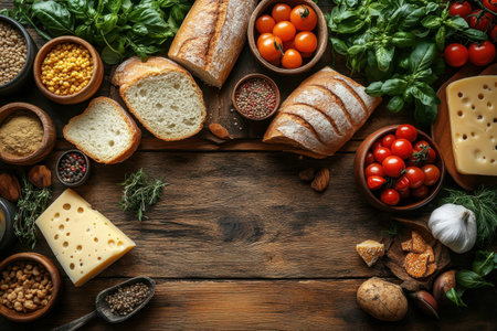 Fresh bread, tomatoes, herbs, and cheese create a colorful display for a rustic dining experience.の写真素材
