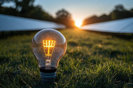 A bright light bulb shines on the grass as the sun sets behind solar panels in the distance.の写真素材