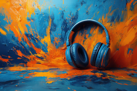 A pair of blue headphones rests on a colorful abstract background filled with vibrant orange and blue hues.の写真素材
