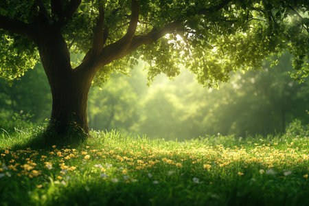 Sunlight streams through green foliage, illuminating a meadow rich with colorful wildflowers.の写真素材