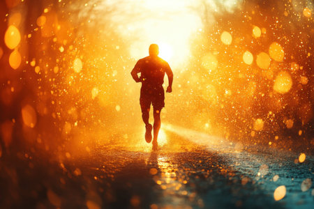 A person runs along a wet path during a stunning sunset, surrounded by golden light and drops.の写真素材