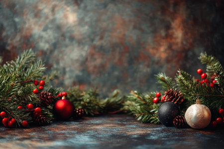 Green pine branches adorned with red berries and ornaments create a cozy holiday atmosphere.の写真素材