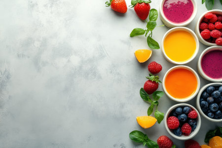 A vibrant display of fruit purees alongside fresh berries and mint leaves, set on a light background.の写真素材