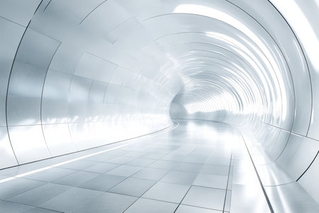 The tunnel features smooth, reflective walls and a bright, futuristic atmosphere, inviting exploration.の写真素材