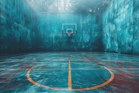 An empty basketball court, featuring a worn hoop and vibrant paint, shrouded in early morning mist.の写真素材