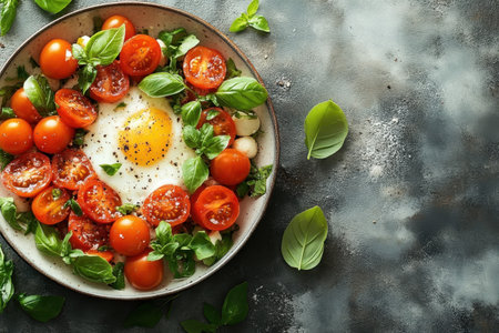 A vibrant breakfast bowl featuring tomatoes, basil, and a perfectly cooked egg garnished with spices.の写真素材
