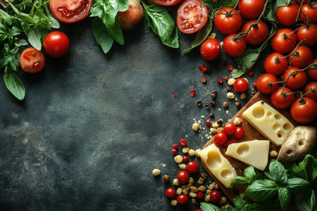 An assortment of vibrant vegetables and cheese is artfully arranged on a dark table surface.の写真素材
