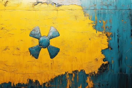 The textured wall displays peeling yellow and blue paint featuring a distinct propeller motif.の写真素材