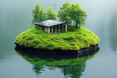 A cozy cabin sits on a small verdant island, embraced by calm waters and morning fog.の写真素材