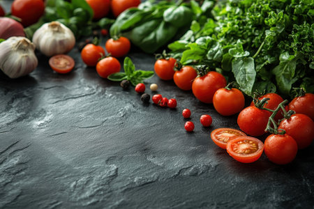 A vibrant assortment of tomatoes, garlic, spinach, and herbs arranged for a culinary creation.の写真素材