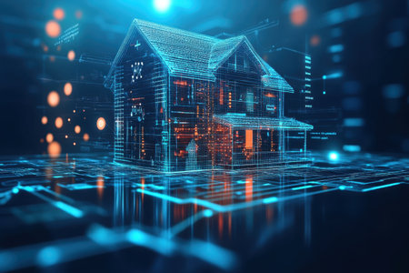 A high-tech house design is illuminated by glowing data points in a virtual digital landscape.の写真素材