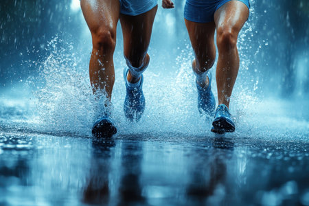 Athletes race through a rain-soaked street, creating splashes and enjoying the evening atmosphere.の写真素材