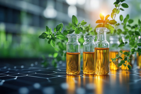 Various glass vials filled with golden oils sit among fresh greenery under warm sunlight.の写真素材
