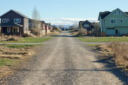 A dirt road stretches into the distance, flanked by colorful houses under a clear blue sky.の写真素材