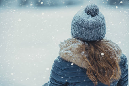 A woman with long hair wearing a knitted hat admires the serene snowy surroundings on a cold day.の写真素材