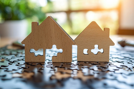Two wooden house shapes are positioned on a puzzle, symbolizing the concept of building connections and home.の写真素材