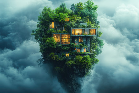 A unique house blends seamlessly with nature, suspended in the clouds, surrounded by vibrant trees and plants.の写真素材