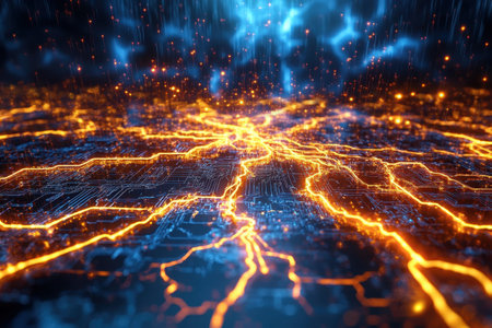Bright electric currents illuminate a digital terrain, showing a vibrant connection in the dark.の写真素材