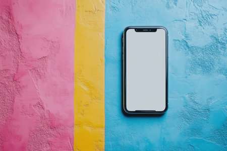 A sleek smartphone is placed on a vividly colored blue surface, complemented by pink and yellow stripes.の写真素材