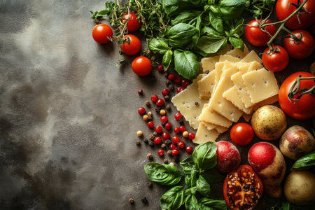 Colorful tomatoes, fresh herbs, and cheese pieces are beautifully arranged on a textured countertop, ready for cooking.の写真素材