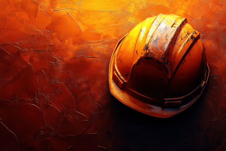 An orange hard hat lies on a textured surface, illuminated by warm orange light at a construction location.の写真素材