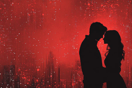 A couple embraces, sharing a tender moment in silhouette against a dramatic red backdrop.の写真素材