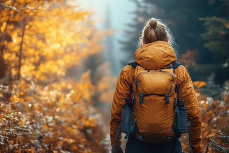 A person in a yellow jacket walks along an autumn trail surrounded by vibrant foliage and soft light.の写真素材
