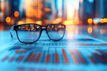 A pair of glasses rests on colorful financial reports while the city skyline glows in the fading light.の写真素材