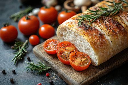 A loaf of bread sits next to sliced tomatoes and herbs, showcasing fresh ingredients and rustic charm.の写真素材