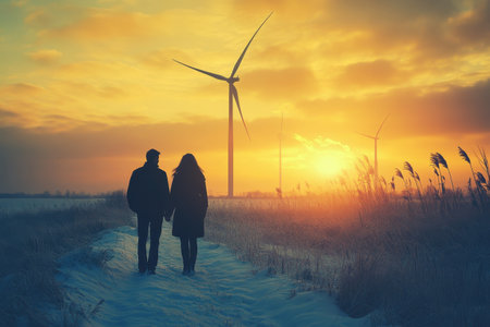 A couple strolls together on a snowy path as the sun sets behind wind turbines in a serene rural area.の写真素材