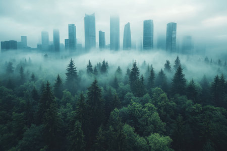 Tall buildings rise through morning fog above a lush green forest, blending urban life with nature.の写真素材