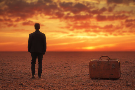 A man in a suit gazes at a vibrant sunset, standing near a vintage suitcase on barren land.の写真素材